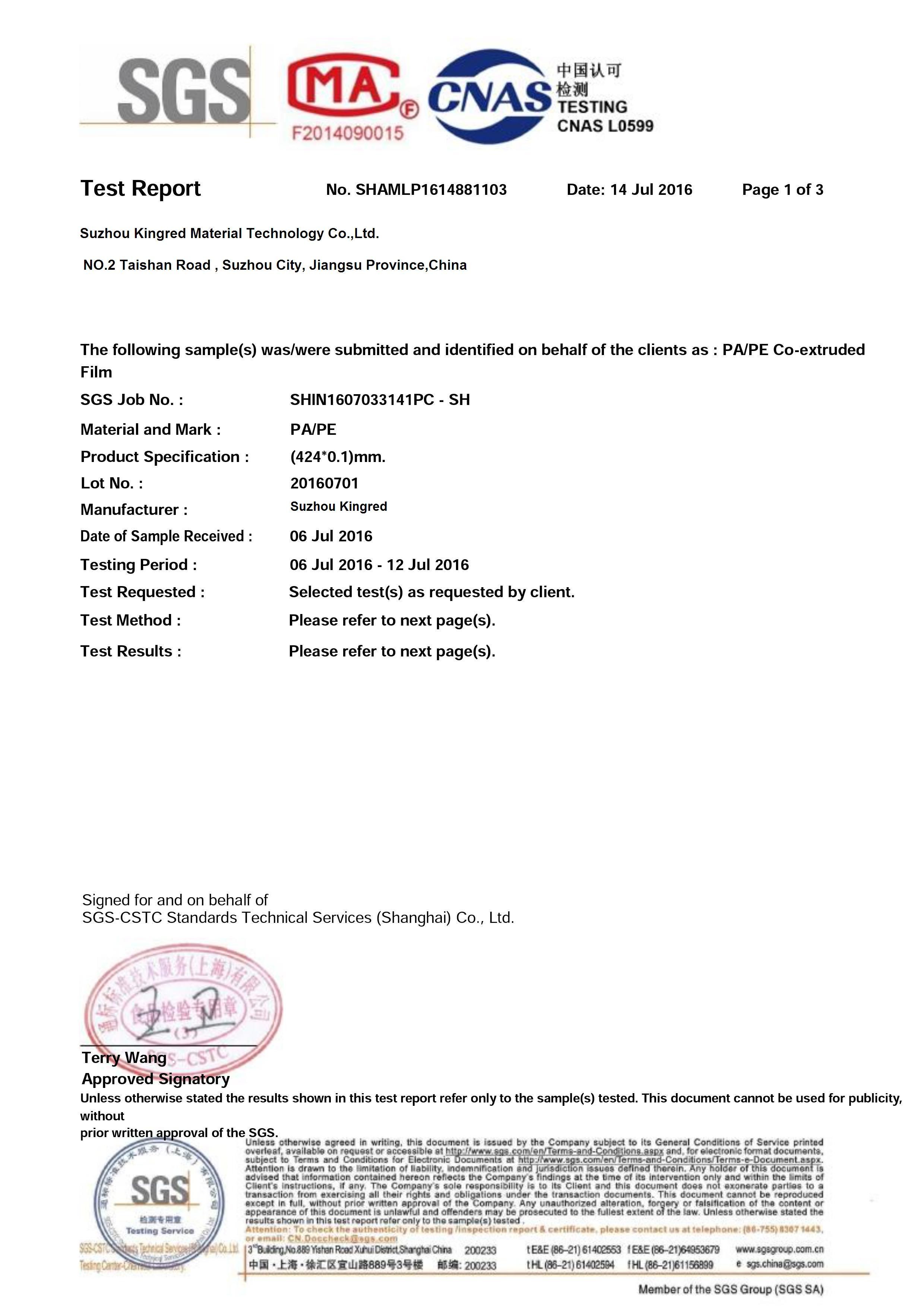 China Suzhou Kingred Material Technology Co.,Ltd. Certification